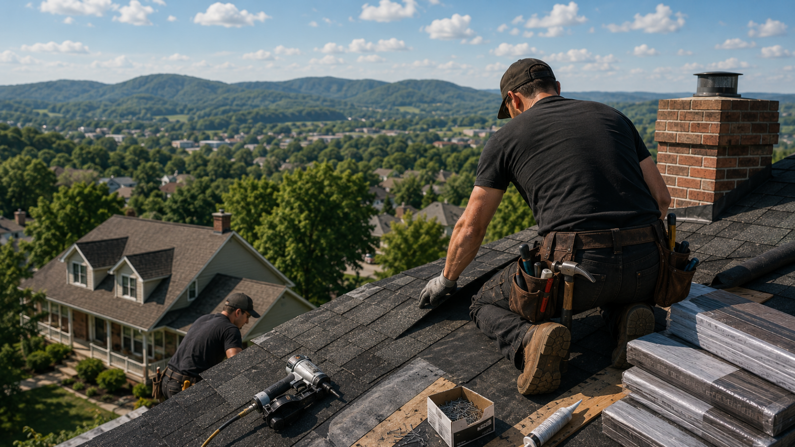 Roofing contractor working on a Bristol home overlooking the surrounding community